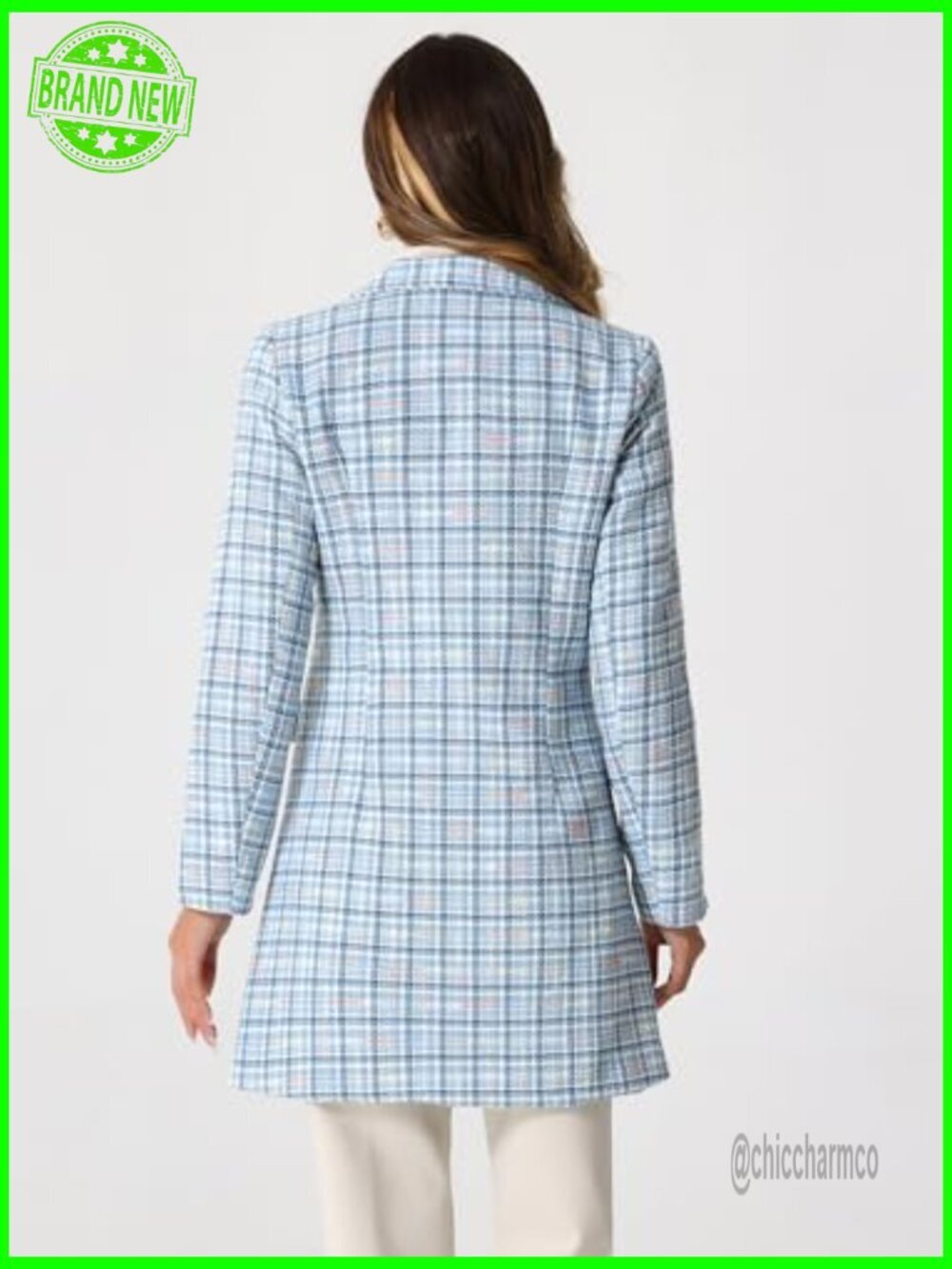 Double Breasted Tweed Blazer Plaid Notched Lapel Long Jacket - Picture 4 of 5